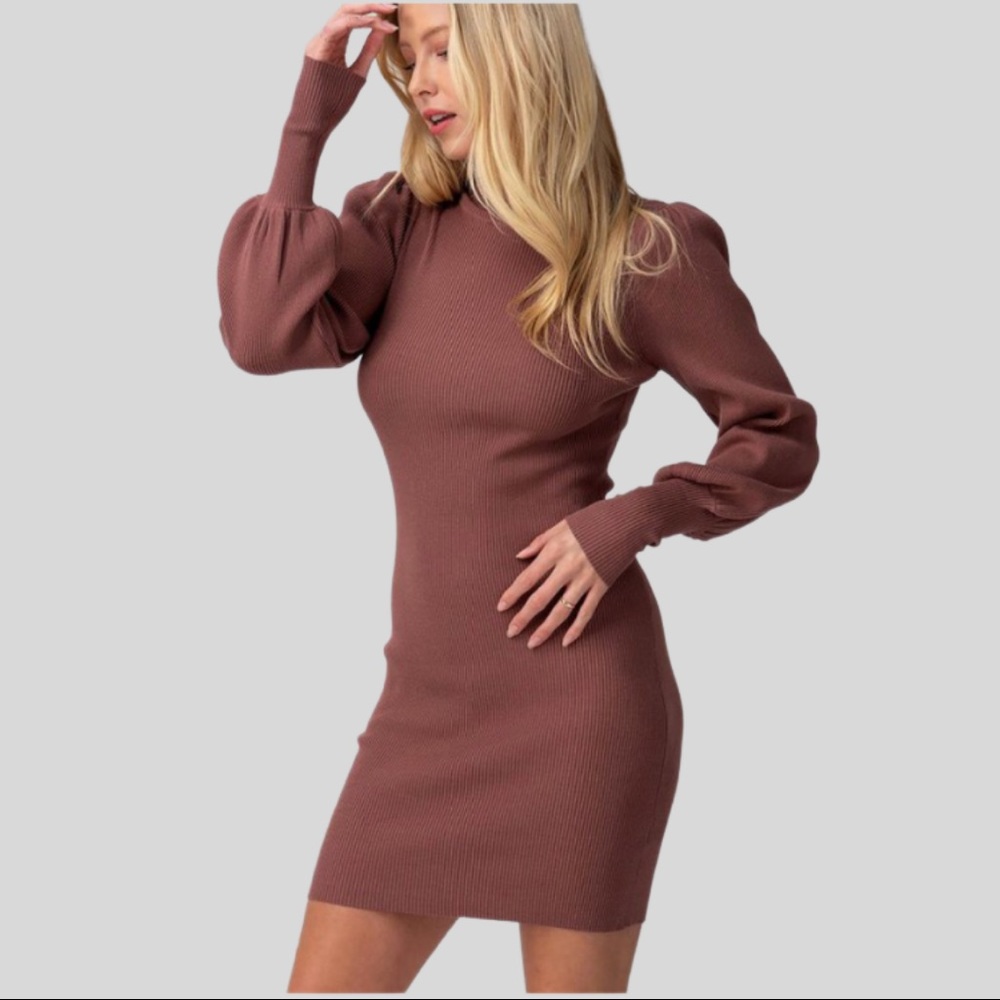 Love Tree Puff Sleeve Sweater Dress In Mauve